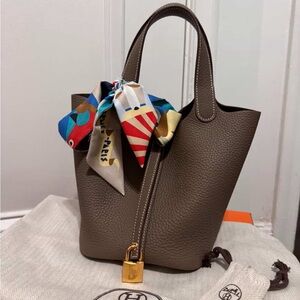 Hermes Brown Leather Tote with Colorful Scarf